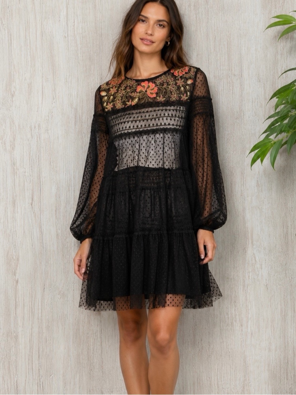 Maeve by Anthropologie ‘Samara’ Black Floral Embroidered Swiss Dot Mesh Dress S